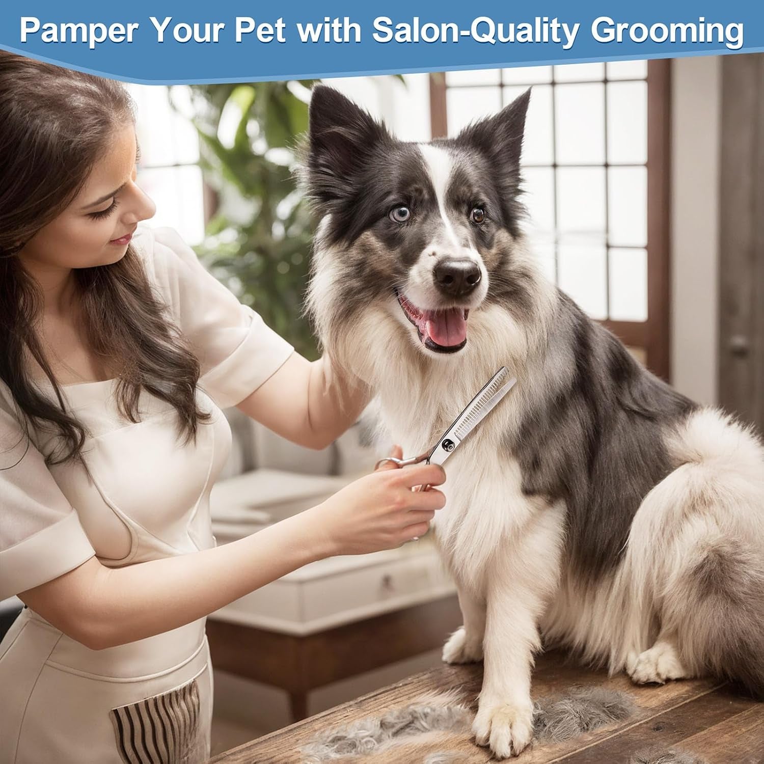 Professional 6-in-1 Titanium Coated Stainless Steel Dog Grooming Scissors with Safety Round Tip - Heavy Duty Grooming Tool for Dogs, Cats, and Other Pets
