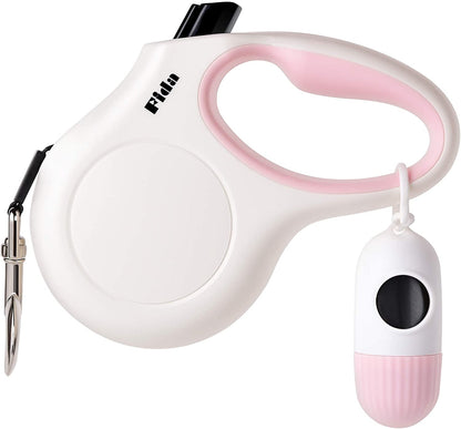 Retractable Dog Leash with Poop Bag Dispenser, 10ft, White & Pink | Ideal for X-Small Dogs and Cats up to 18 lbs, Features Anti-Slip Handle, Tangle-Free Design, and Reflective Nylon Tape