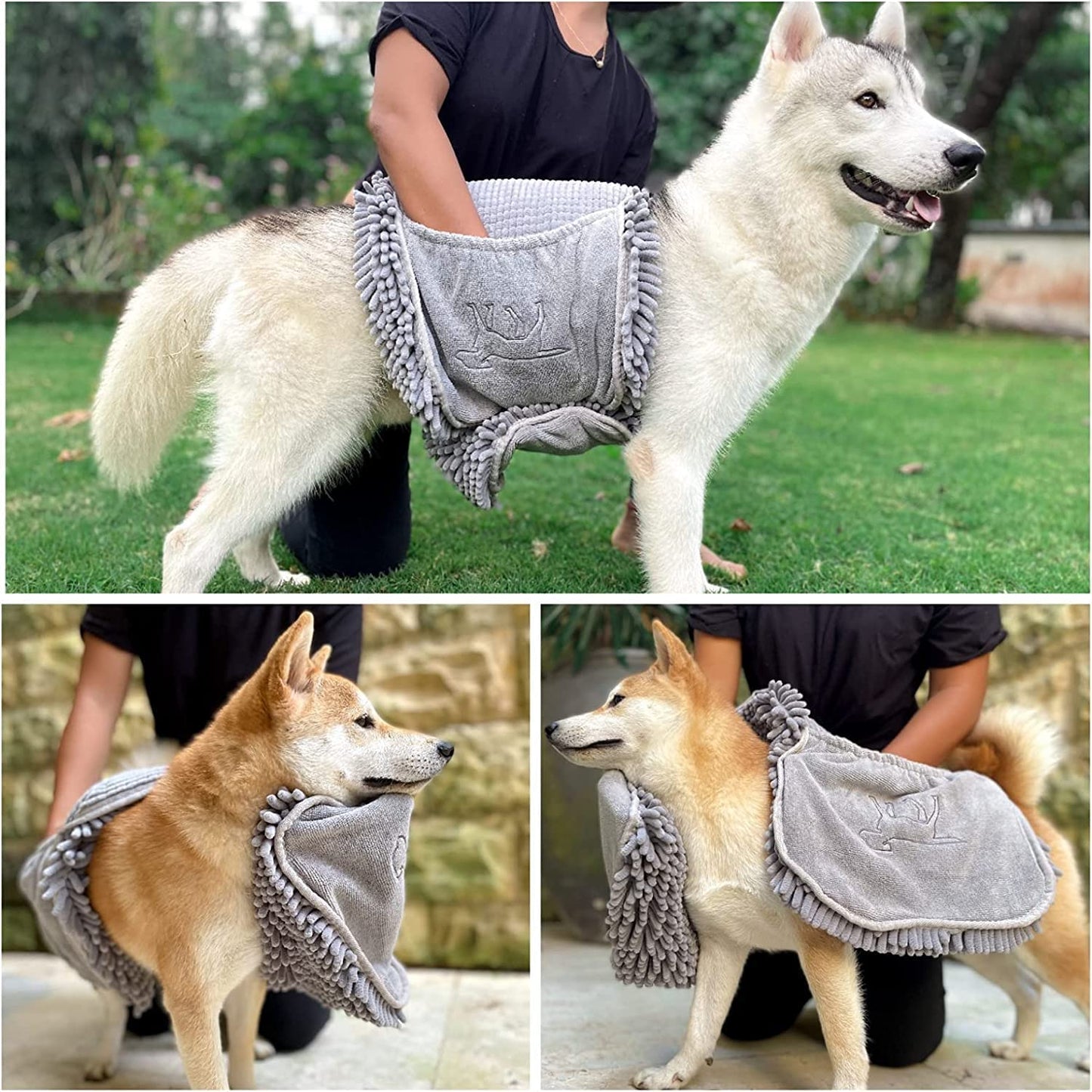 Ultra Absorbent Microfiber Dog Towel - Extra Large 35x15 Size with Comfortable Hand Pockets, Ideal for Indoor and Outdoor Use, Durable and Machine Washable