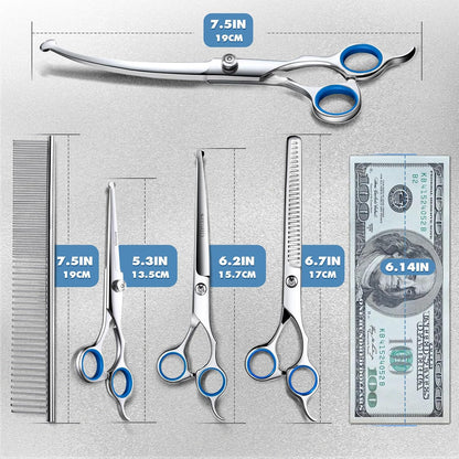 Professional 6-in-1 Titanium Coated Stainless Steel Dog Grooming Scissors with Safety Round Tip - Heavy Duty Grooming Tool for Dogs, Cats, and Other Pets