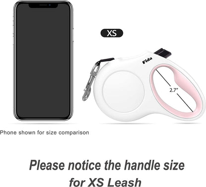 Retractable Dog Leash with Poop Bag Dispenser, 10ft, White & Pink | Ideal for X-Small Dogs and Cats up to 18 lbs, Features Anti-Slip Handle, Tangle-Free Design, and Reflective Nylon Tape