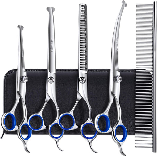 Professional 6-in-1 Titanium Coated Stainless Steel Dog Grooming Scissors with Safety Round Tip - Heavy Duty Grooming Tool for Dogs, Cats, and Other Pets