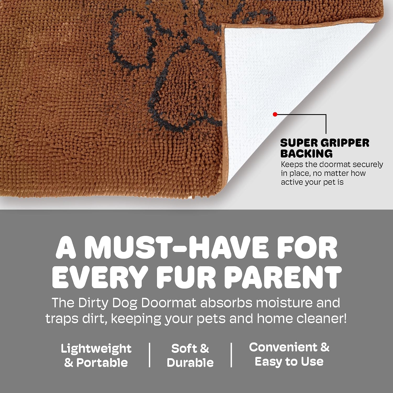 Dog Gone Smart Dirty Dog Doormat - Fast-Drying Absorbent Microfiber Rug with Super Gripper Backing, 35 x 26 in, Machine Washable for Muddy Paws