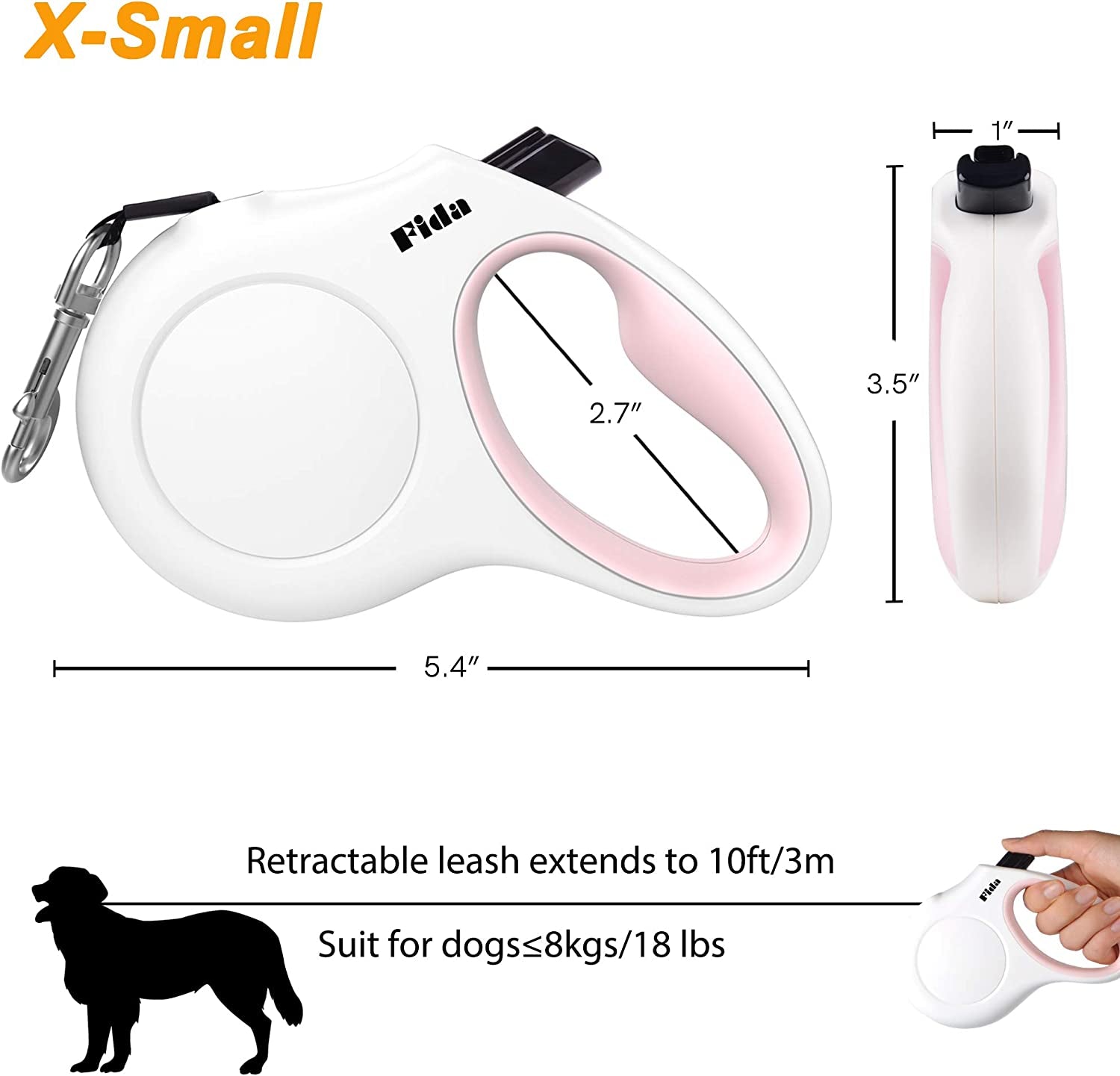 Retractable Dog Leash with Poop Bag Dispenser, 10ft, White & Pink | Ideal for X-Small Dogs and Cats up to 18 lbs, Features Anti-Slip Handle, Tangle-Free Design, and Reflective Nylon Tape