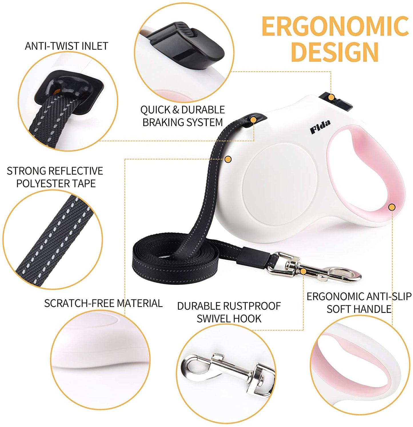 Retractable Dog Leash with Poop Bag Dispenser, 10ft, White & Pink | Ideal for X-Small Dogs and Cats up to 18 lbs, Features Anti-Slip Handle, Tangle-Free Design, and Reflective Nylon Tape