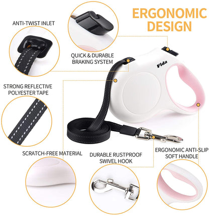 Retractable Dog Leash with Poop Bag Dispenser, 10ft, White & Pink | Ideal for X-Small Dogs and Cats up to 18 lbs, Features Anti-Slip Handle, Tangle-Free Design, and Reflective Nylon Tape