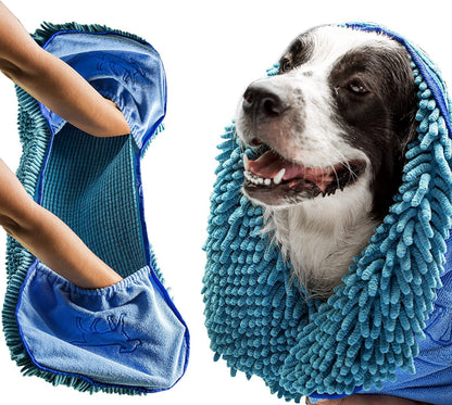 Ultra Absorbent Microfiber Dog Towel - Extra Large 35x15 Size with Comfortable Hand Pockets, Ideal for Indoor and Outdoor Use, Durable and Machine Washable